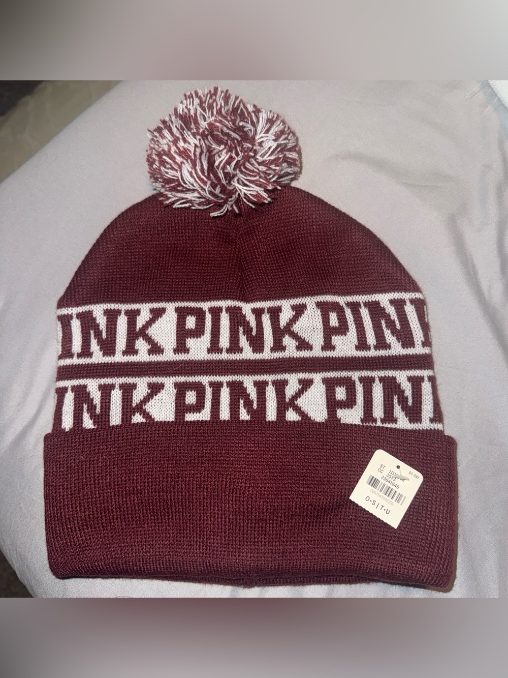 PINK Victoria's Secret Maroon and White Pom Knit Beanie